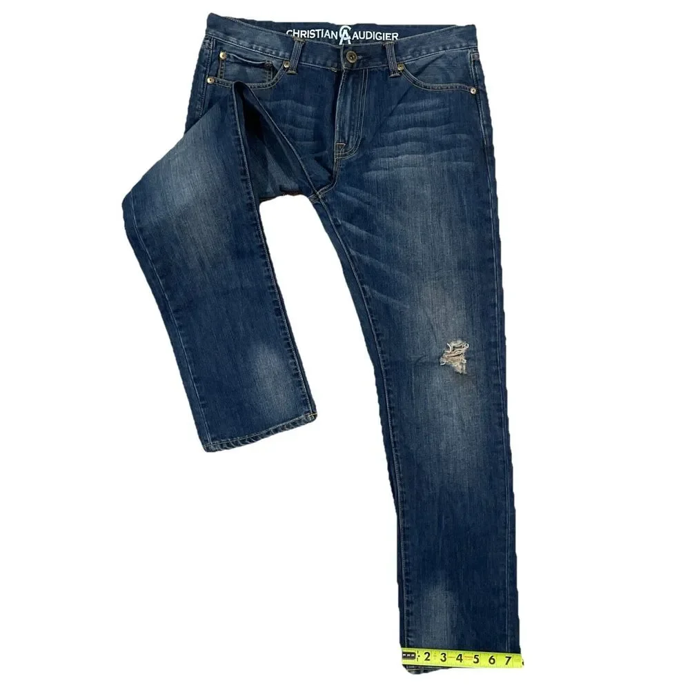 Christian Audigier Denim Men's 32x32‎ (34x32) Blue Distressed Straight Leg Jeans